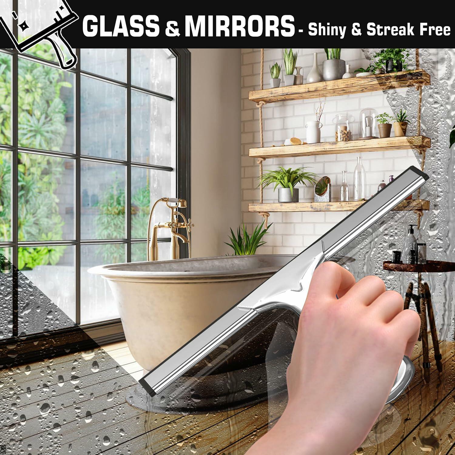 OVSGTTZ Stainless Steel Shower Squeegee for Glass Doors with 2 Adhesive Hooks,
