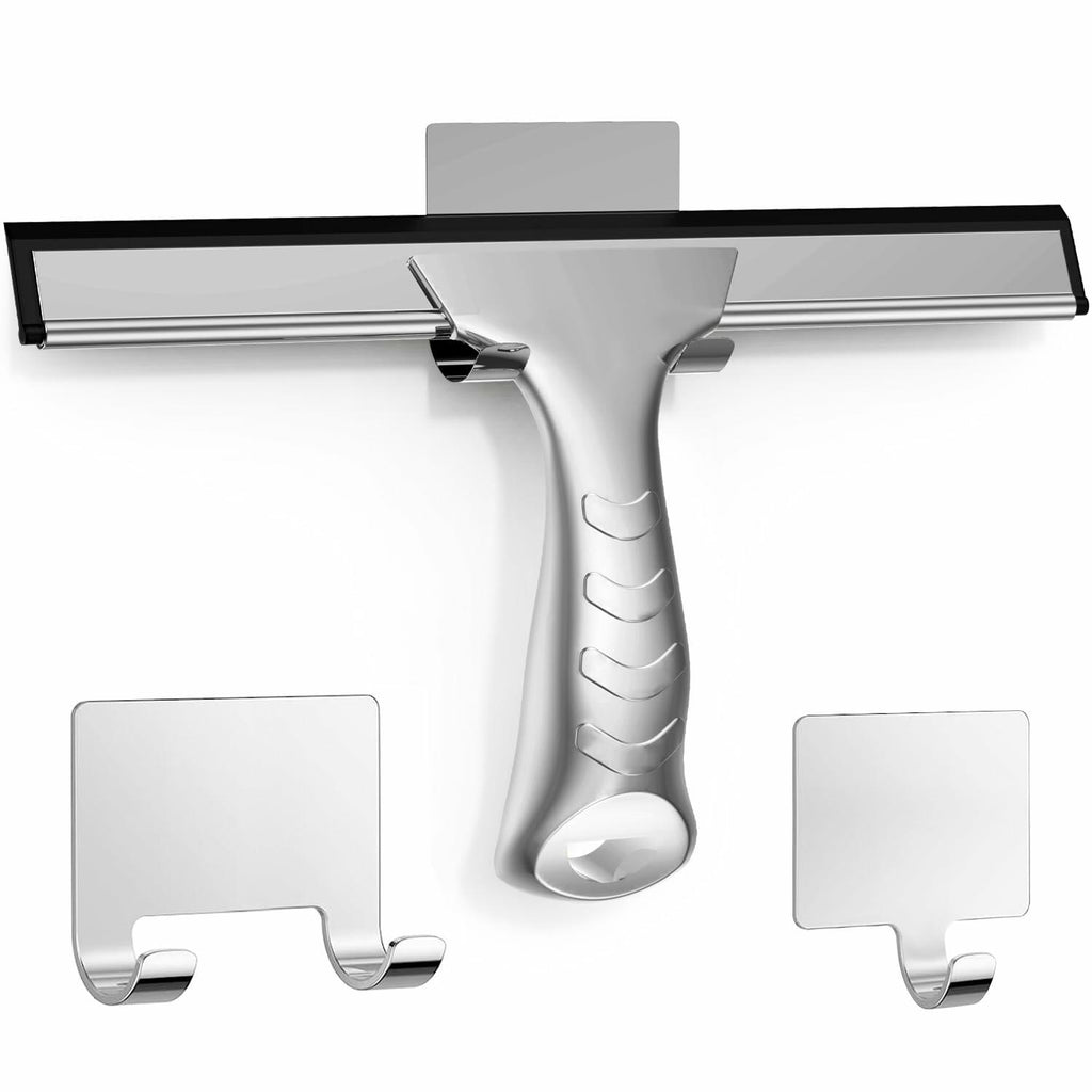 OVSGTTZ Stainless Steel Shower Squeegee for Glass Doors with 2 Adhesive Hooks,