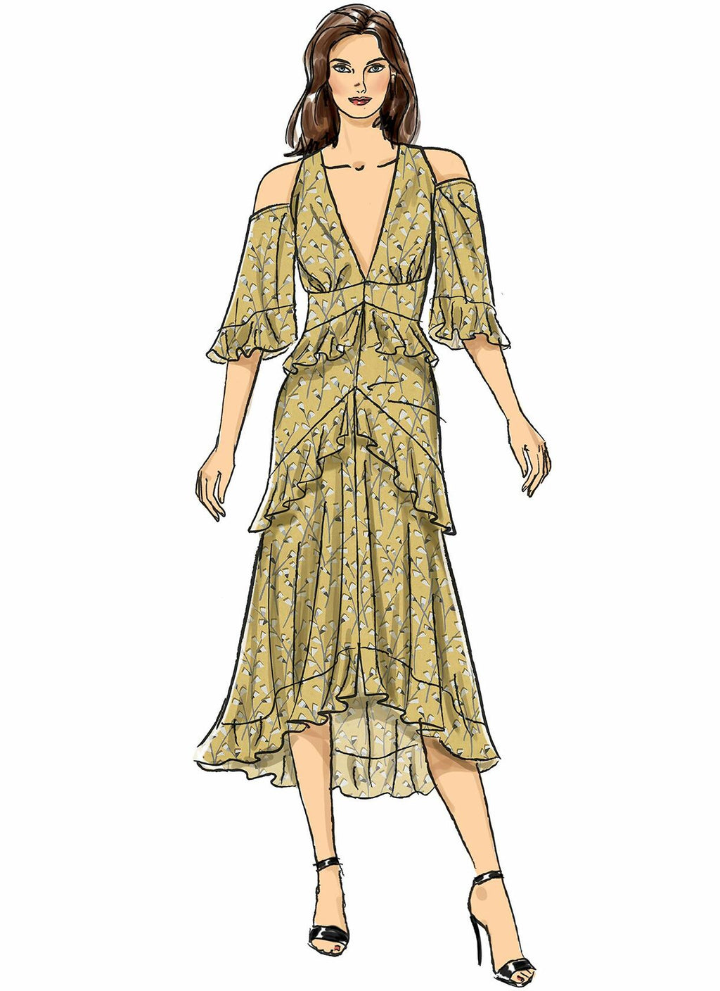 Women's Ruffled Cold Shoulder Dress Sewing Pattern by Nicole Miller, Sizes 6-14
