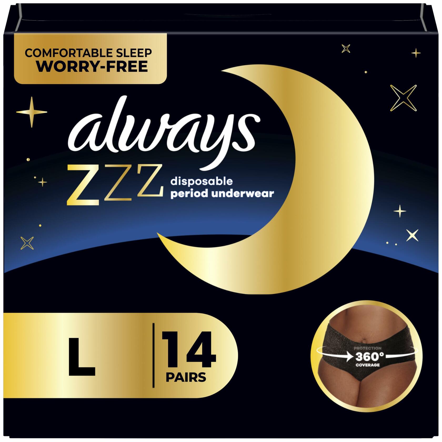 14 Count Always ZZZ Overnight Disposable Period Underwear for Women, Large, 360°