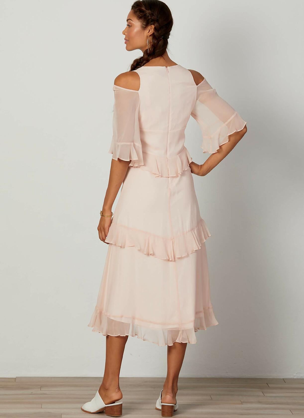 Women's Ruffled Cold Shoulder Dress Sewing Pattern by Nicole Miller, Sizes 6-14