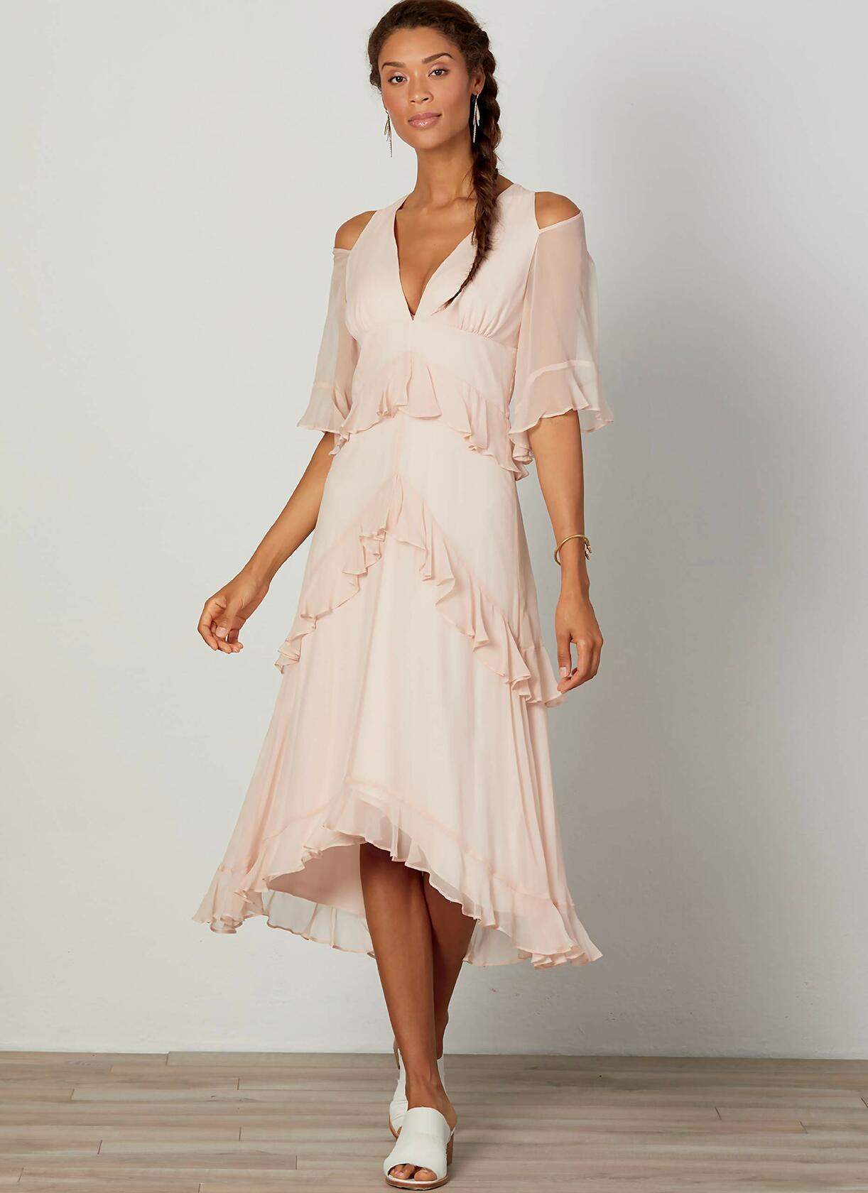 Women's Ruffled Cold Shoulder Dress Sewing Pattern by Nicole Miller, Sizes 6-14