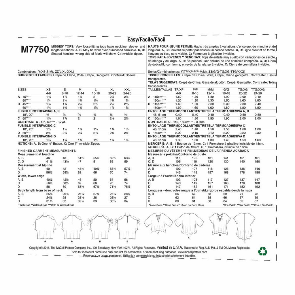 McCall's Patterns Misses' Tops, Y (XSM-SML-MED)
