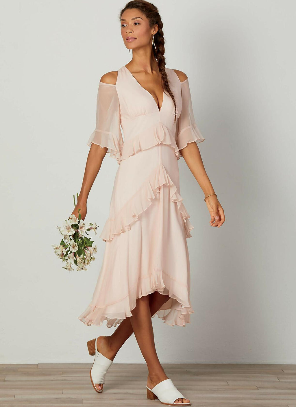 Women's Ruffled Cold Shoulder Dress Sewing Pattern by Nicole Miller, Sizes 6-14