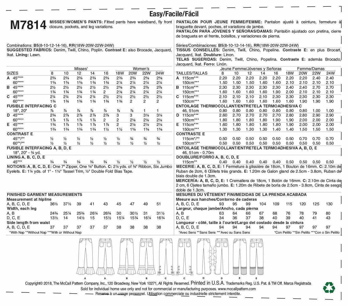McCall's Patterns McCall's M7814 Women's Bell Bottom and Straight Fit Pants