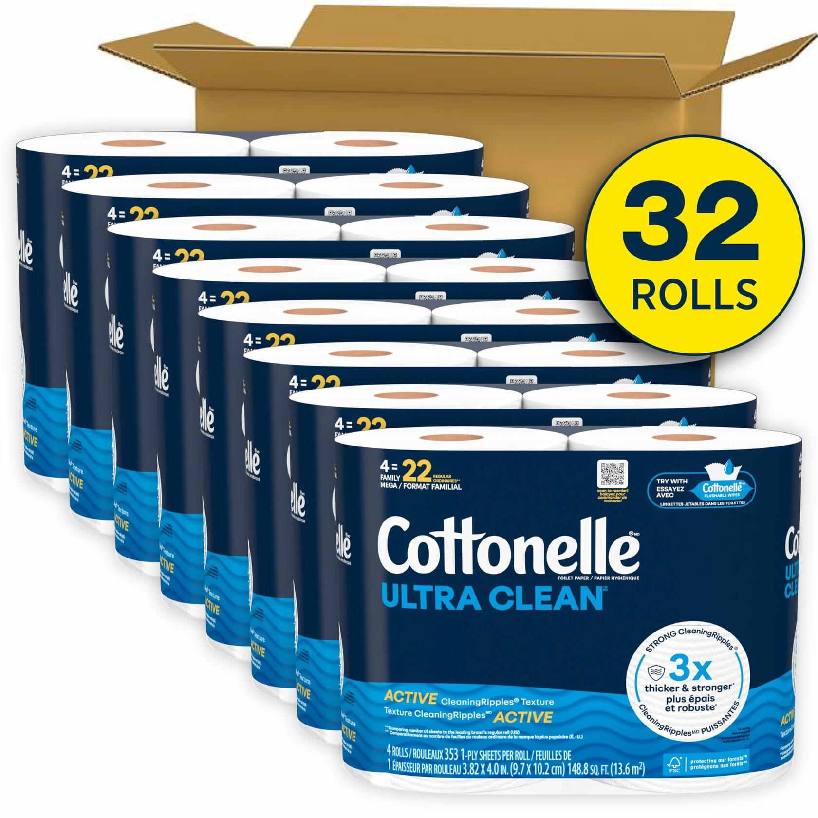 8 Packs of 4 Cottonelle Ultra Clean Toilet Paper with Active CleaningRipples