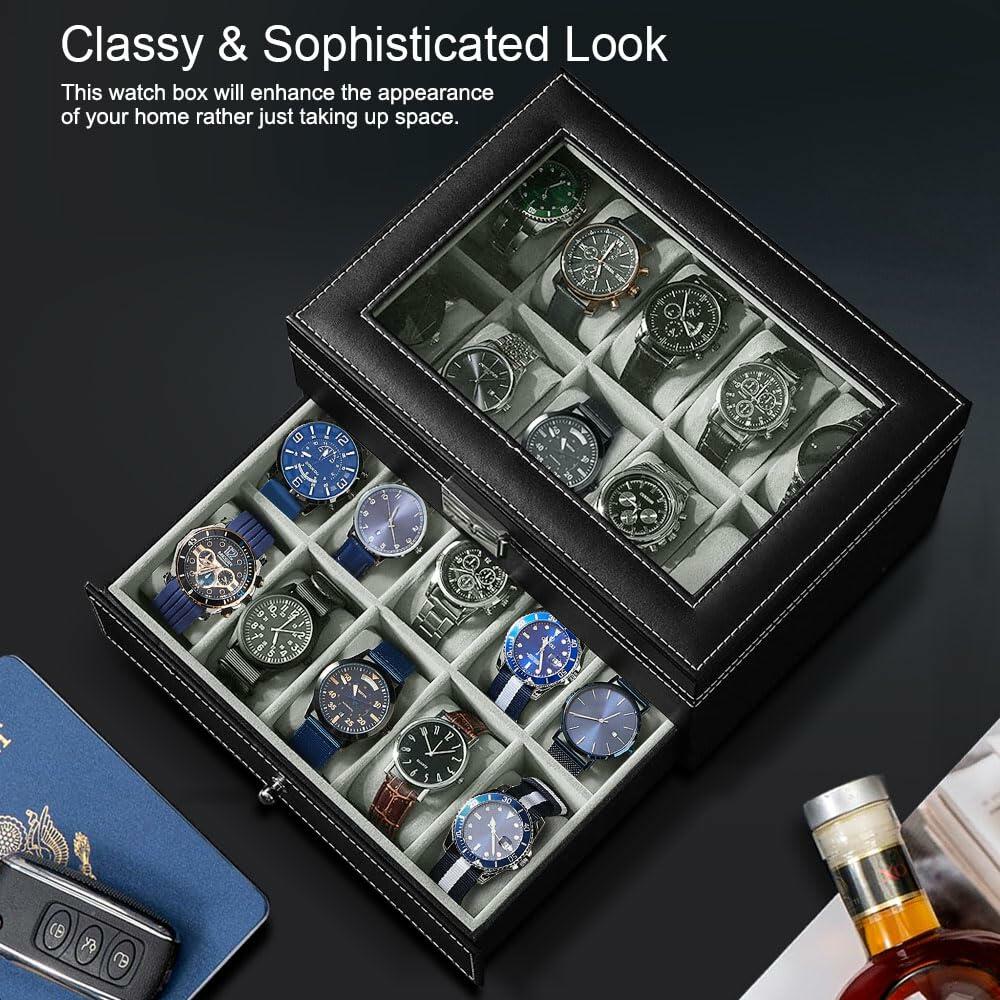 J&T Technology 20-Slot Watch Box for Men,2 Layers Watch Box Organizer,Watch