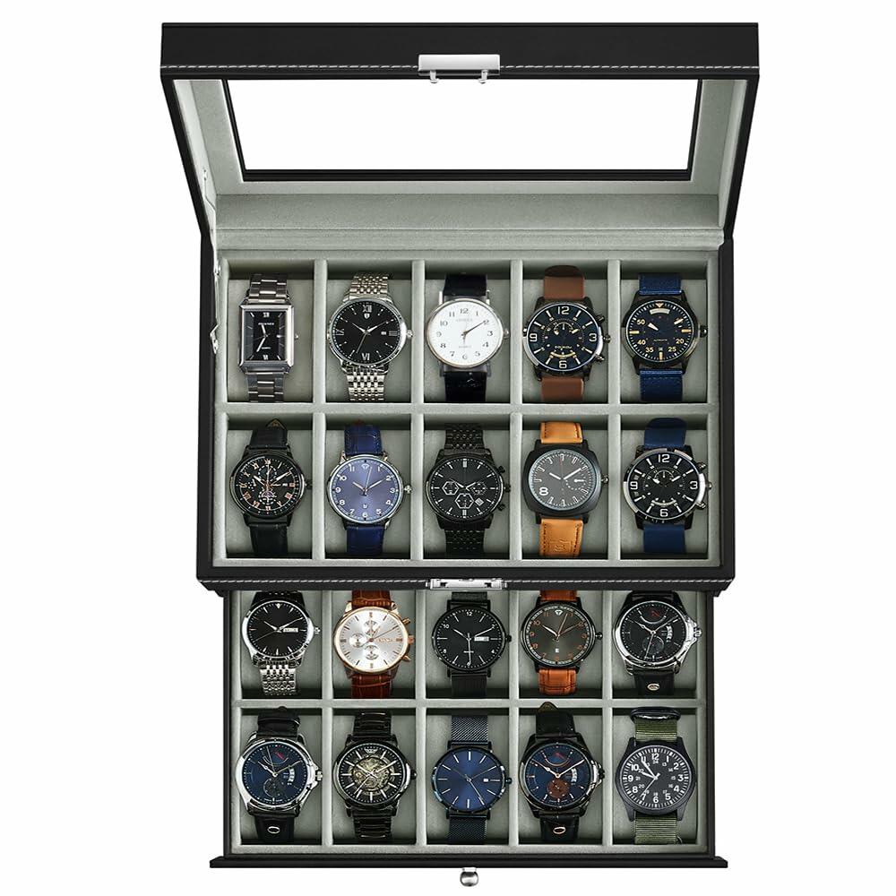 J&T Technology 20-Slot Watch Box for Men,2 Layers Watch Box Organizer,Watch