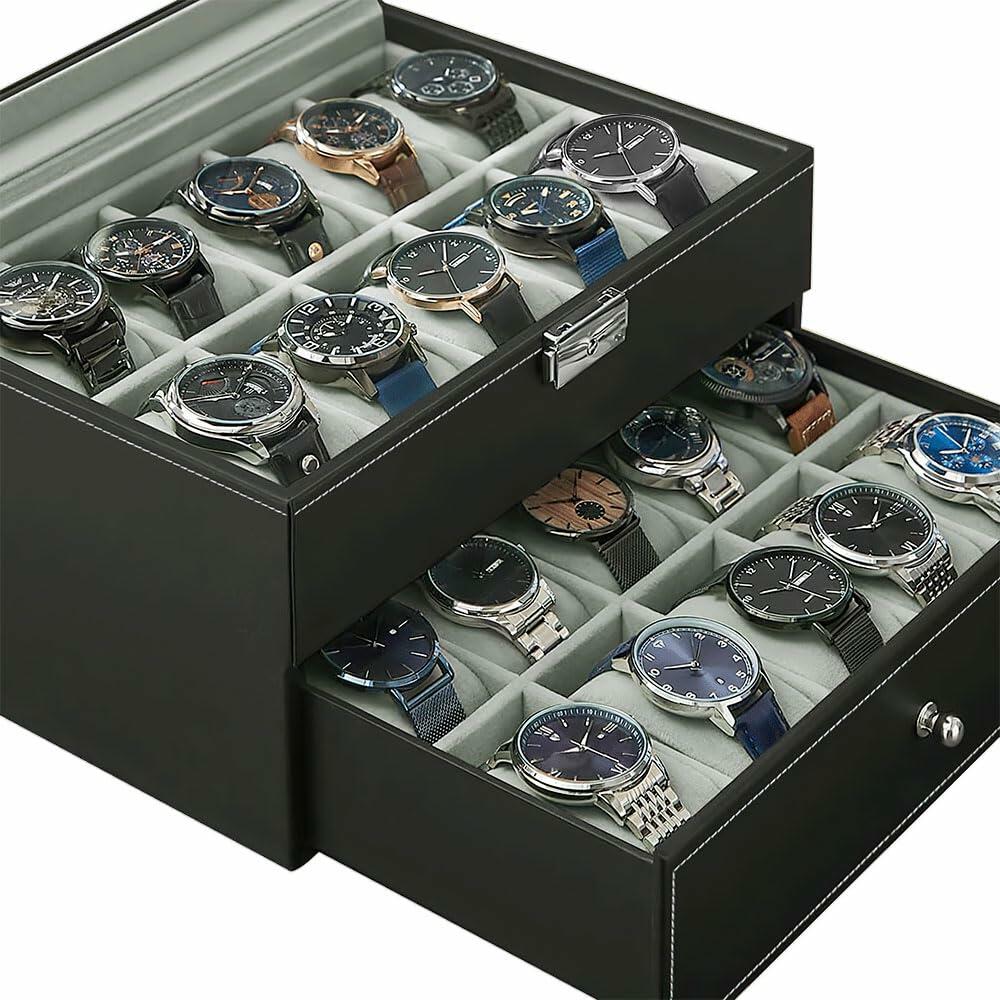 J&T Technology 20-Slot Watch Box for Men,2 Layers Watch Box Organizer,Watch