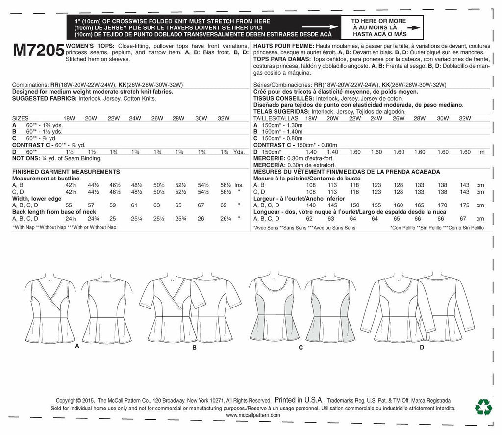 McCall's Patterns M7205 Women's Tops Sewing Template, KK (26W-28W-30W-32W)