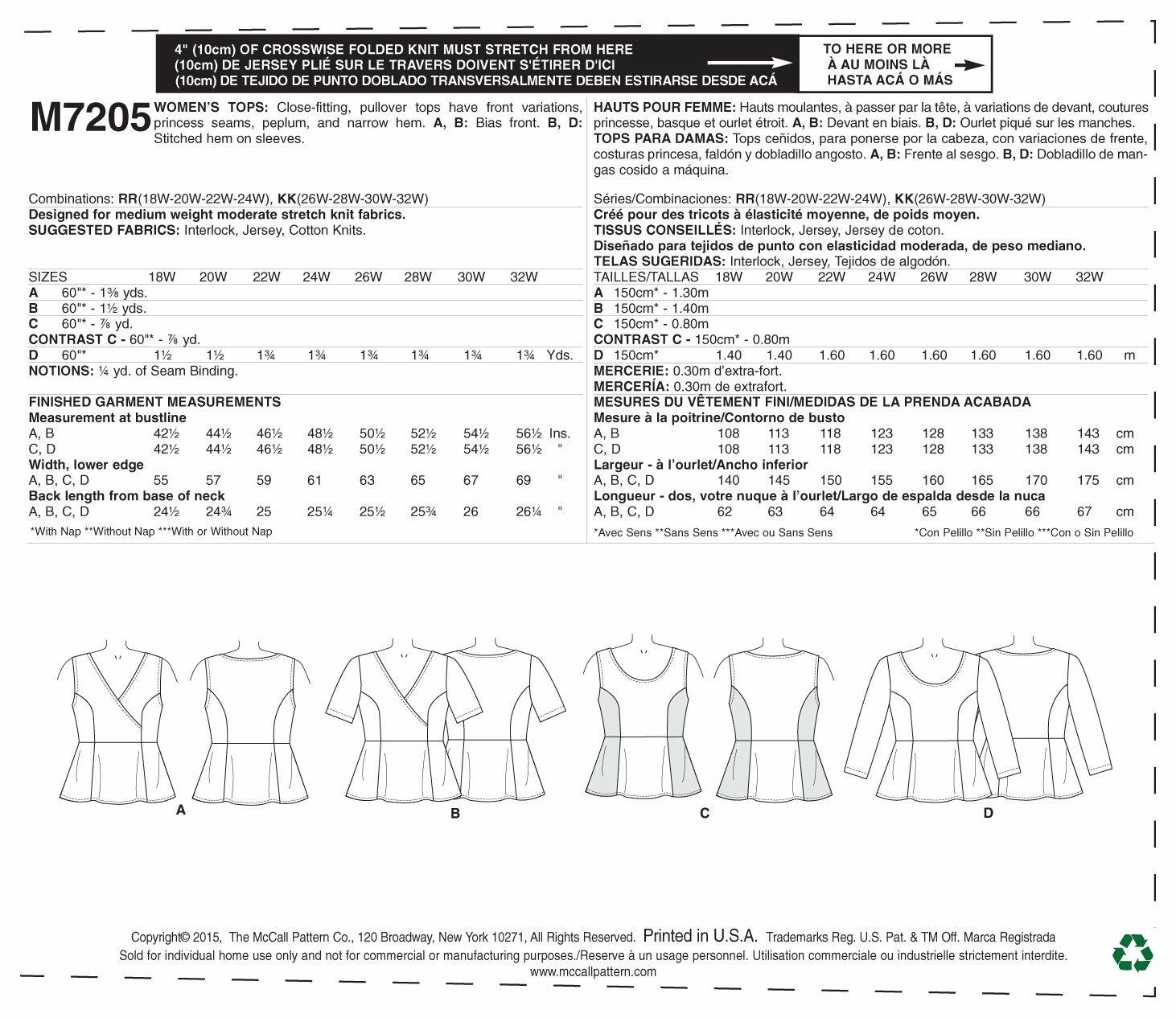 McCall's Patterns M7205 Women's Tops Sewing Template, KK (26W-28W-30W-32W)