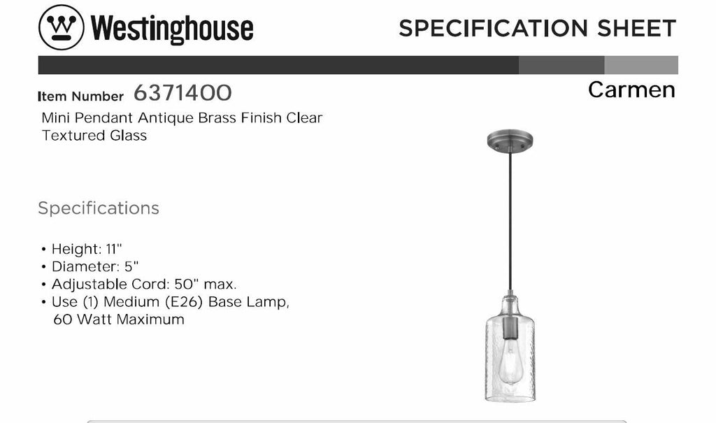 Westinghouse 6371400, Antique Brass Finish with Clear Textured Glass Carmen