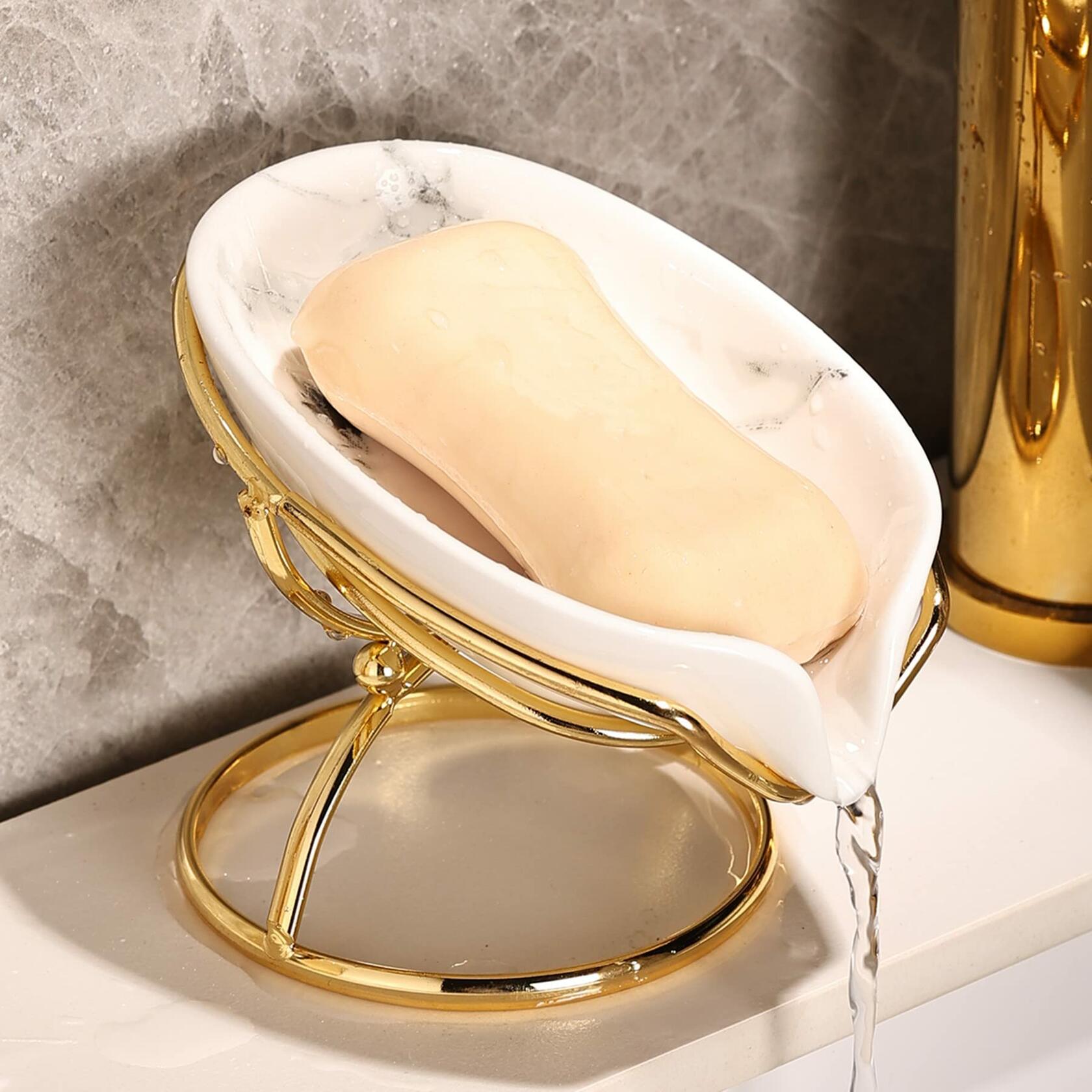 Dobbyby Leaf-Shaped Ceramic Soap Dish with Drain, Holder, Saver, Tray, Bar Soap