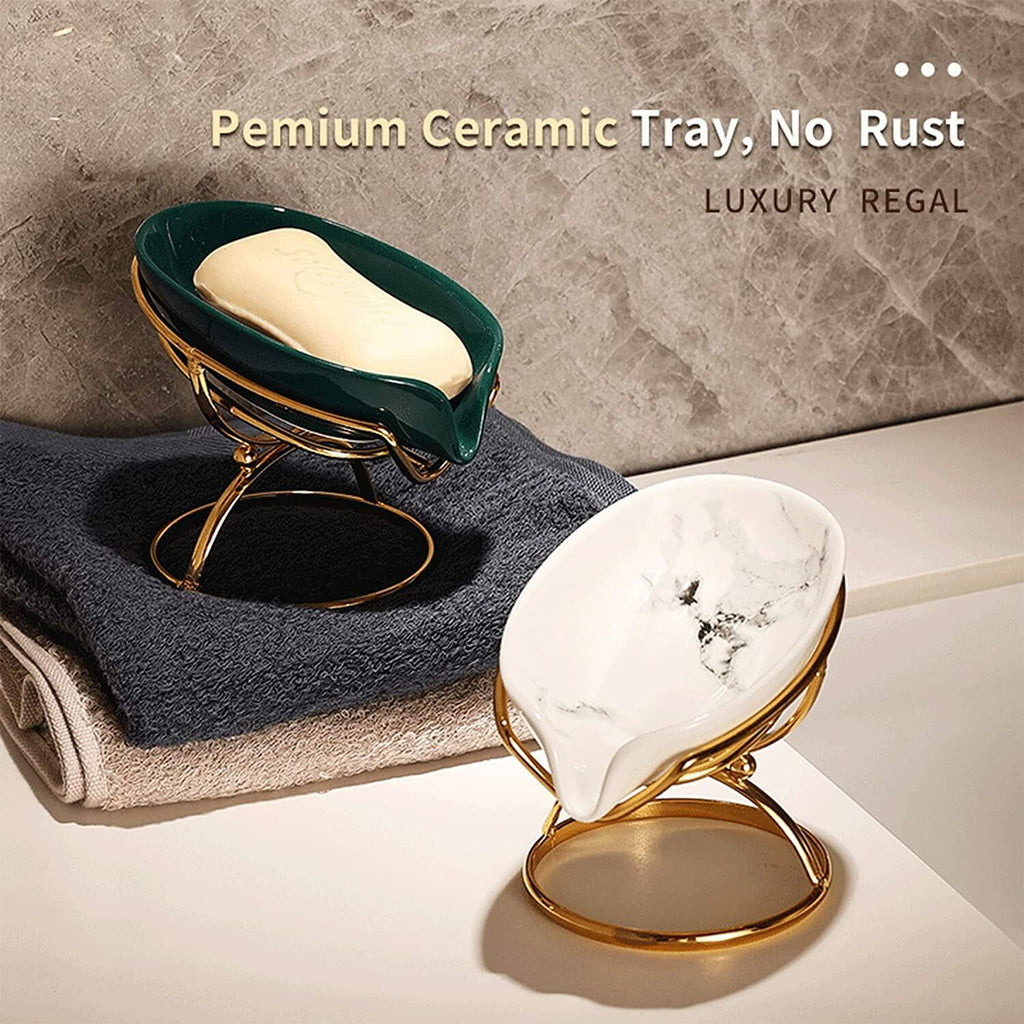 Dobbyby Leaf-Shaped Ceramic Soap Dish with Drain, Holder, Saver, Tray, Bar Soap