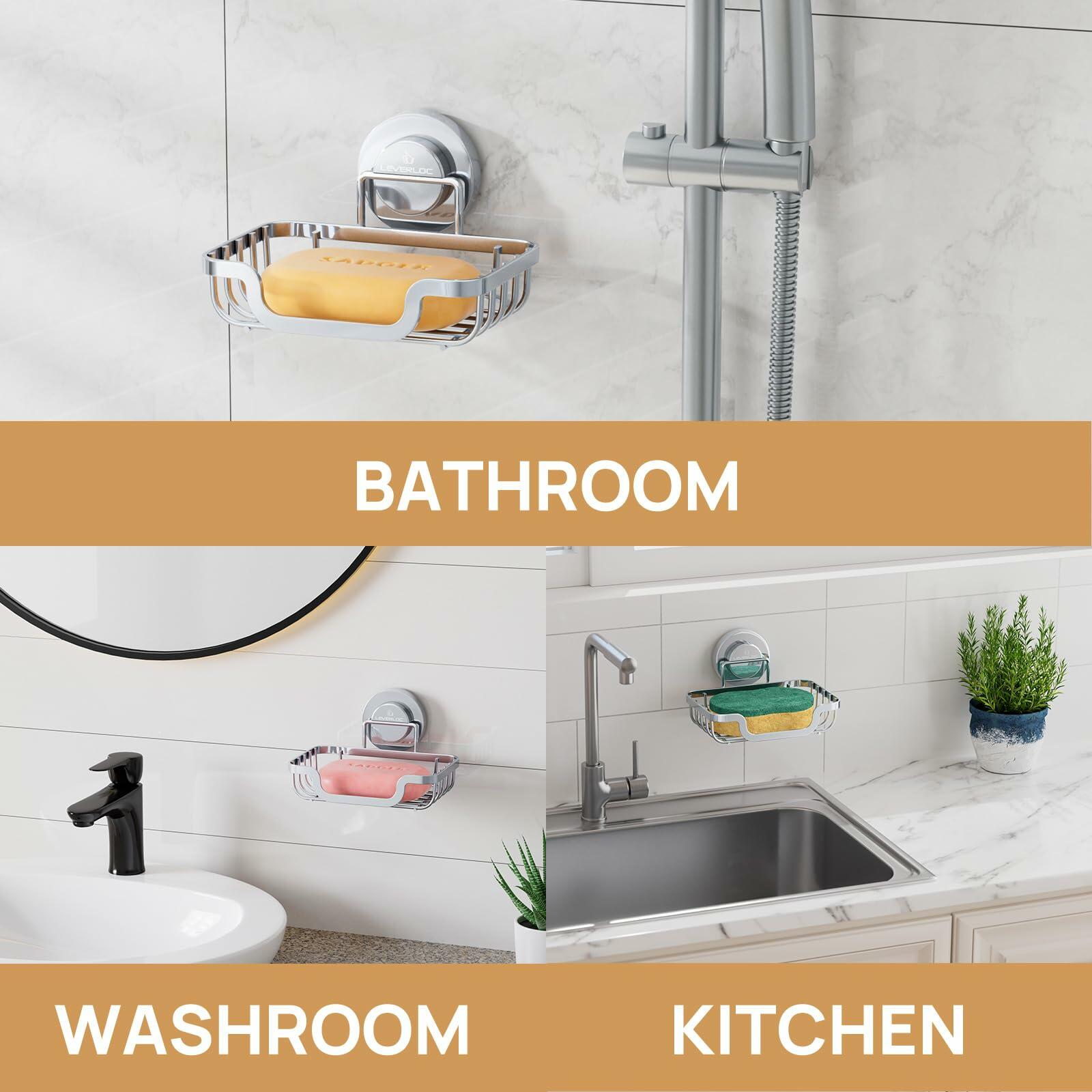 LEVERLOC Soap Dish, Soap Bar Holder for Shower Suction Cup Wall Mounted,