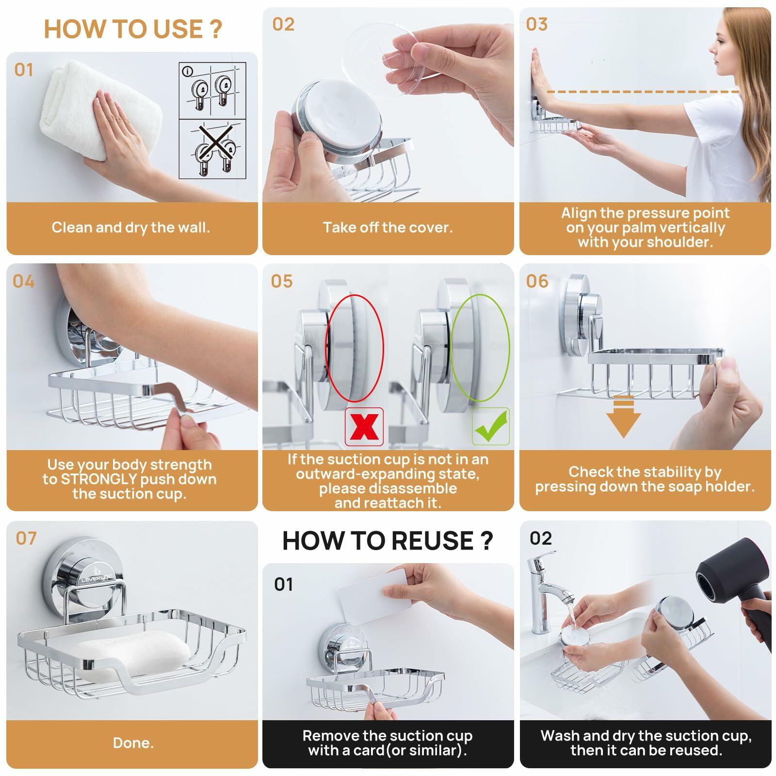 LEVERLOC Soap Dish, Soap Bar Holder for Shower Suction Cup Wall Mounted,
