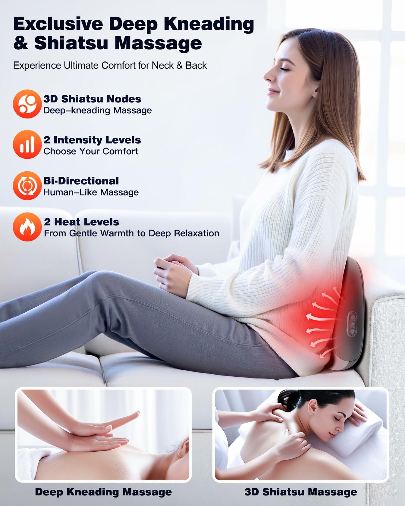 JZBRAIN Shiatsu Back and Neck Massager with Heat – Deep Kneading Massage Pillow