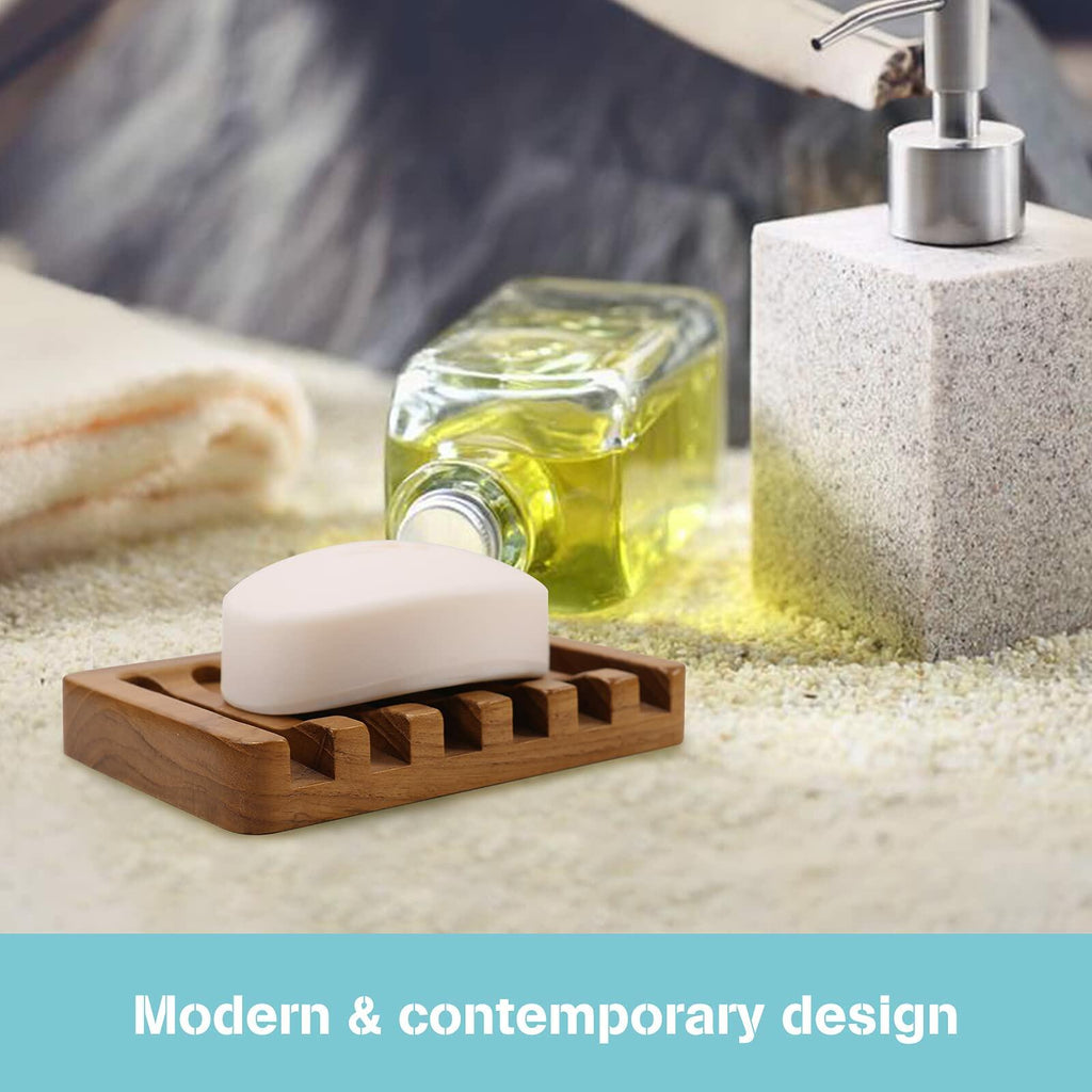 2PCS Self Draining Soap Dishes by HTB, Teak Wood Soap Holder, Soap Saver for