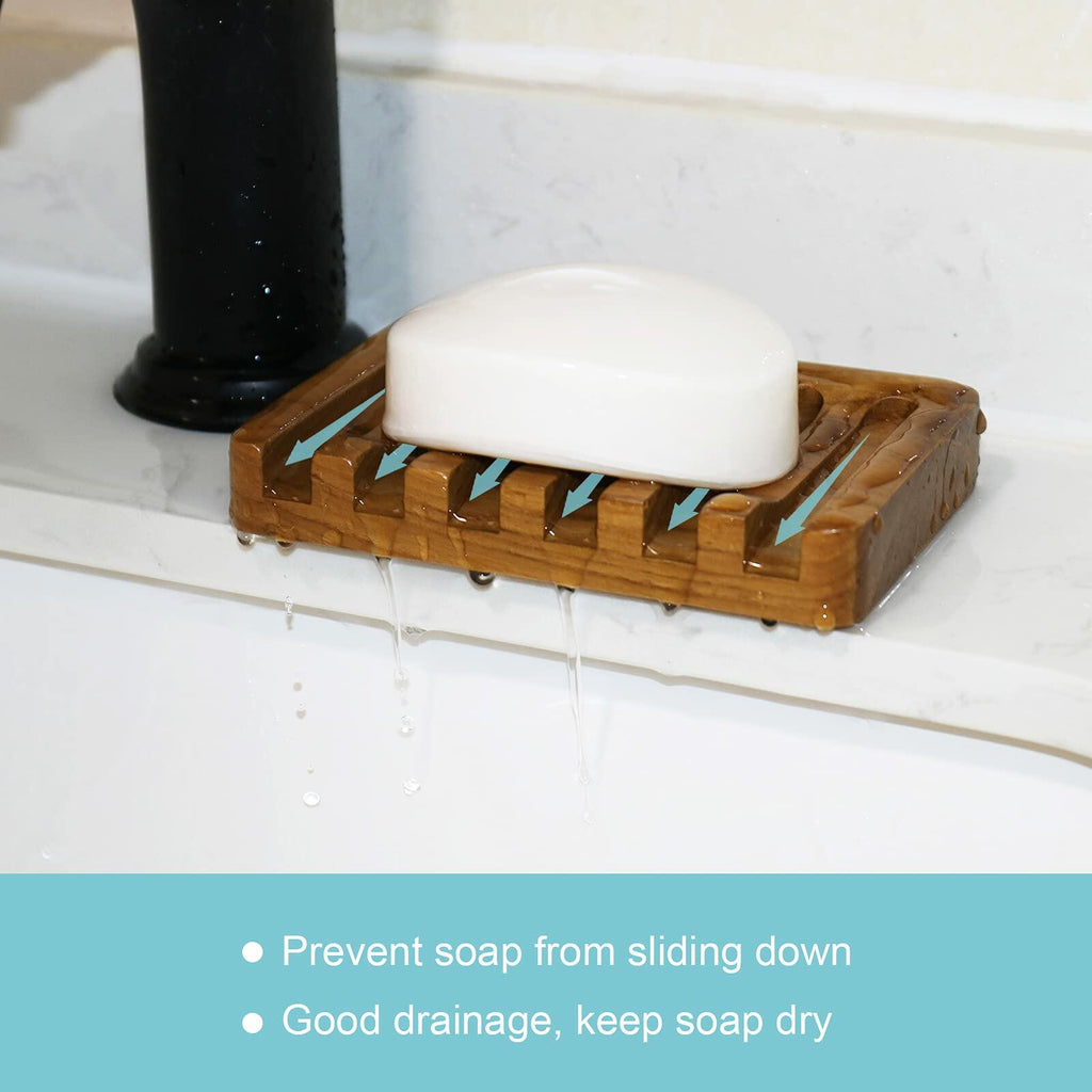 2PCS Self Draining Soap Dishes by HTB, Teak Wood Soap Holder, Soap Saver for