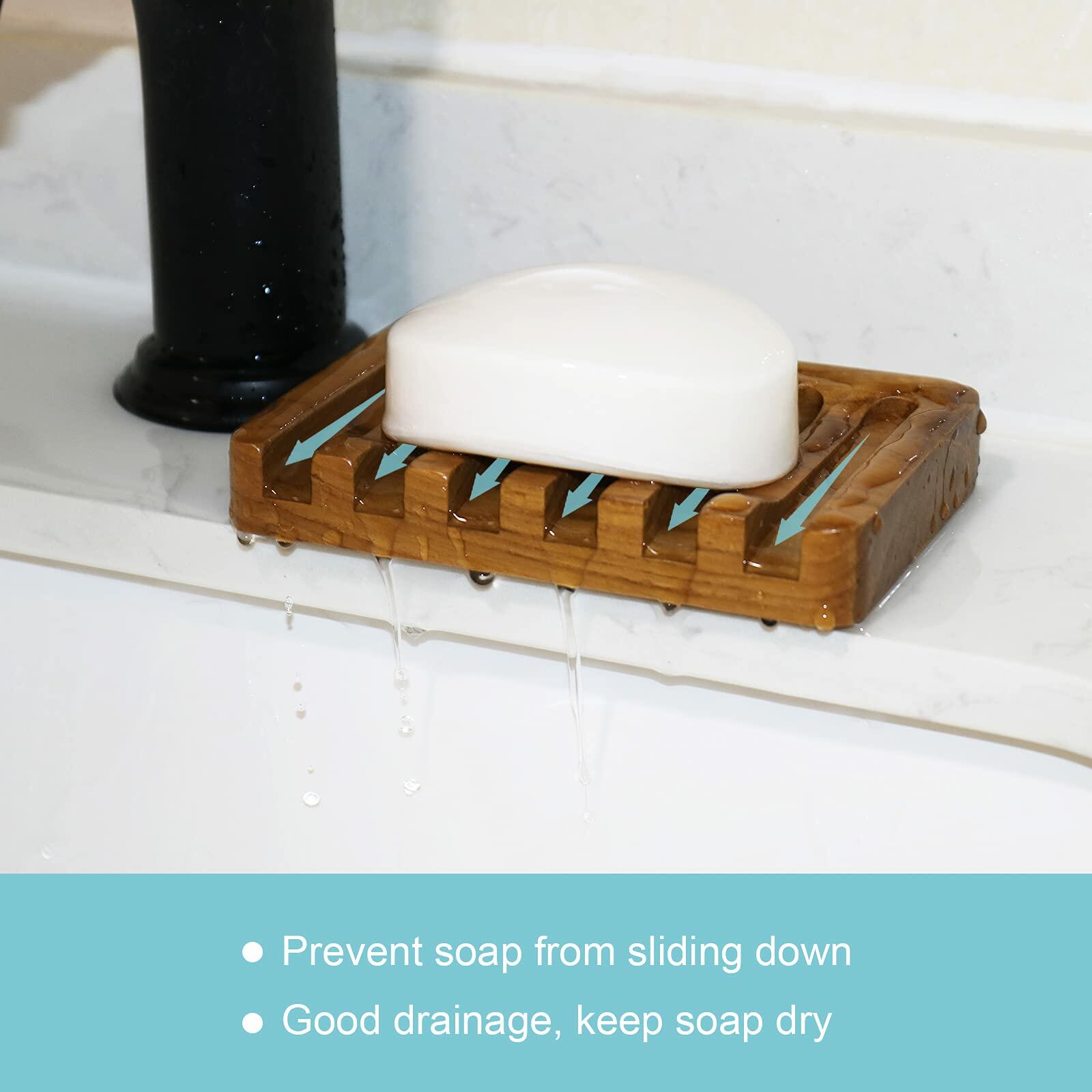 2PCS Self Draining Soap Dishes by HTB, Teak Wood Soap Holder, Soap Saver for