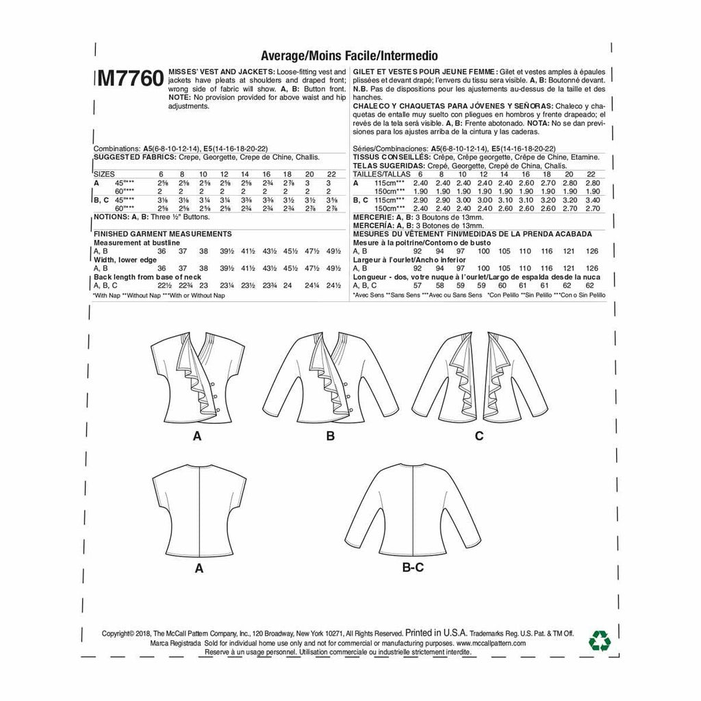 McCall's Patterns Vest & Jackets Sewing Pattern, A5 (6-8-10-12-14)