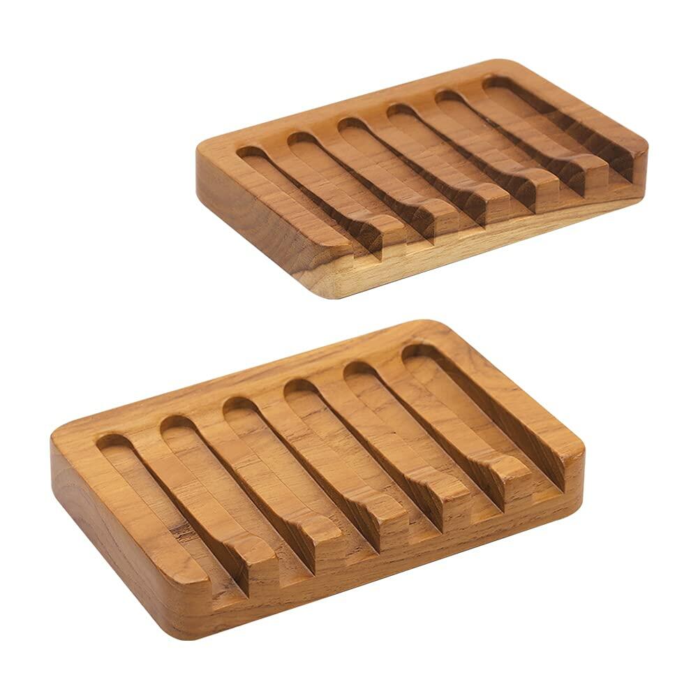 2PCS Self Draining Soap Dishes by HTB, Teak Wood Soap Holder, Soap Saver for