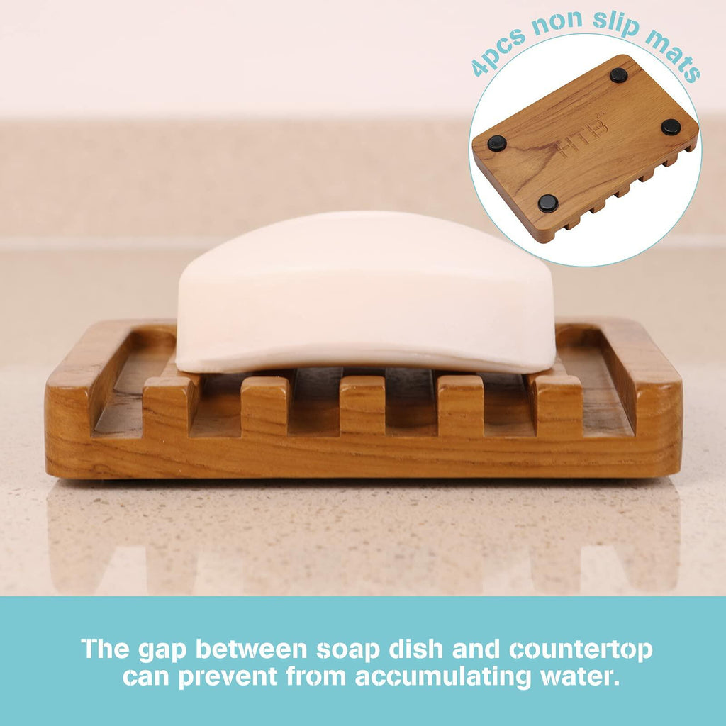 2PCS Self Draining Soap Dishes by HTB, Teak Wood Soap Holder, Soap Saver for
