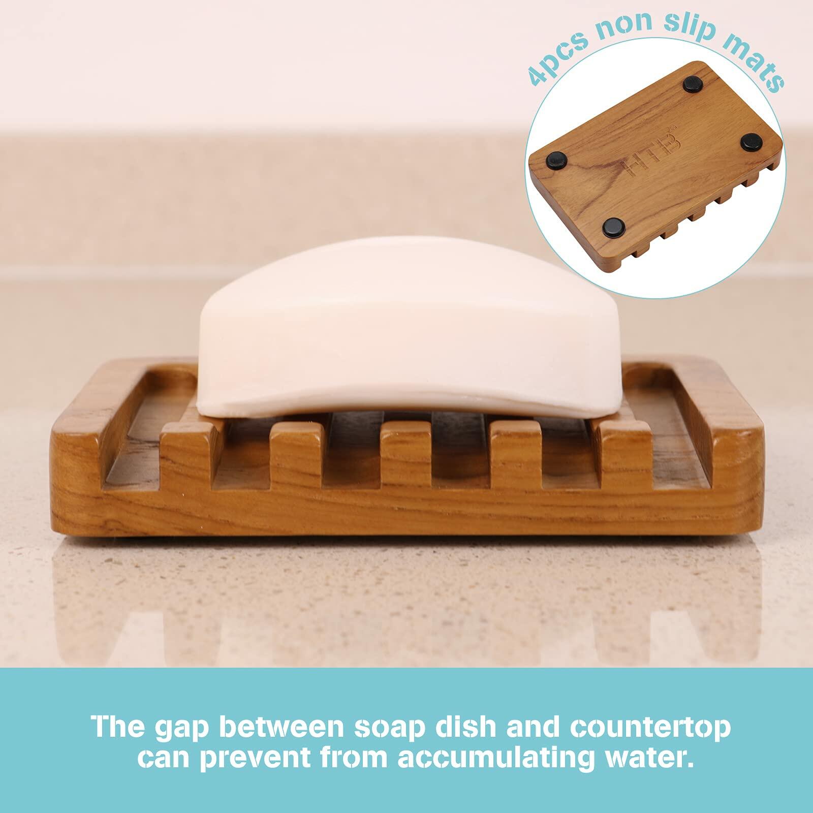 2PCS Self Draining Soap Dishes by HTB, Teak Wood Soap Holder, Soap Saver for