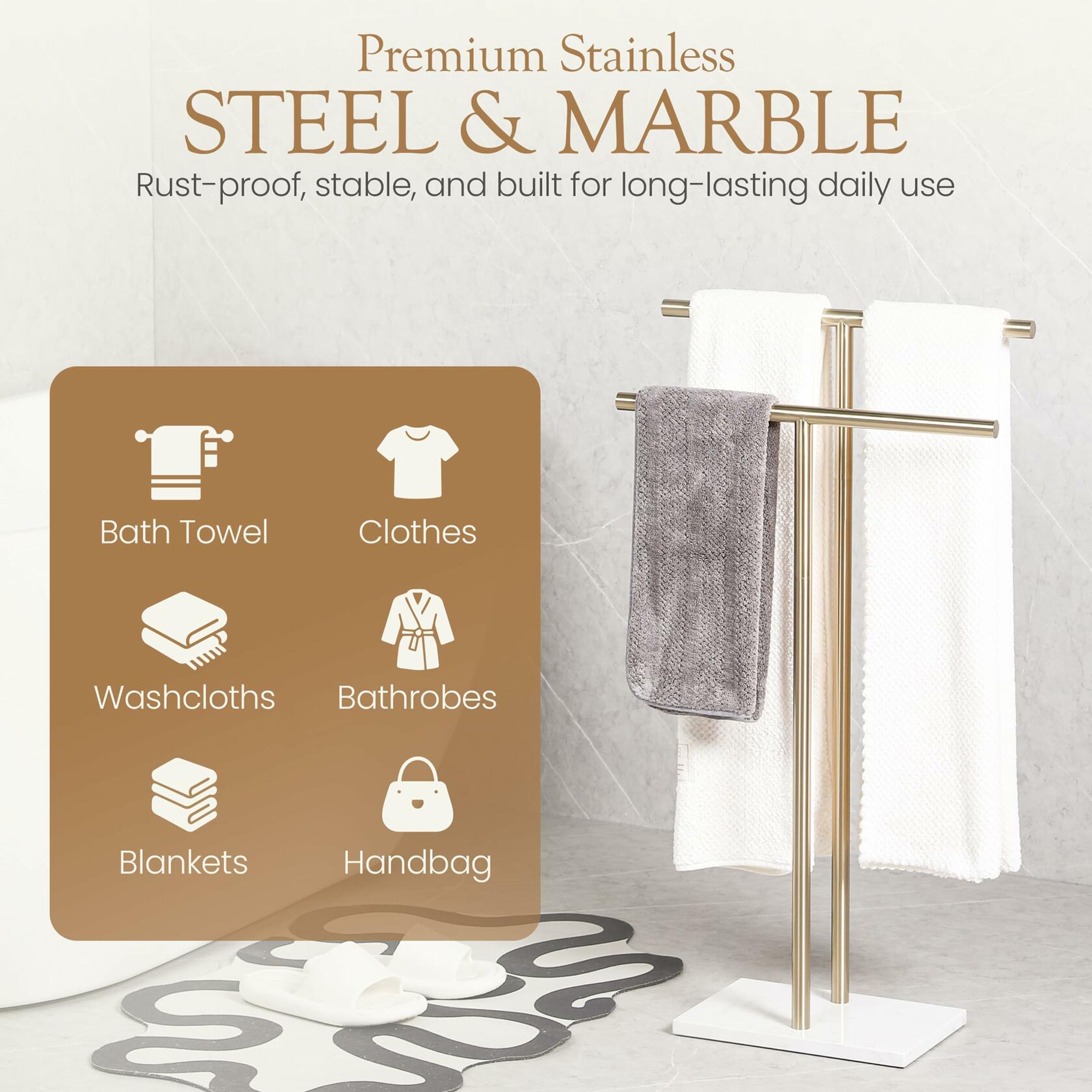 WISATO - Free Standing Towel Rack for Bathroom - Satin Gold Finish - Stand Alone