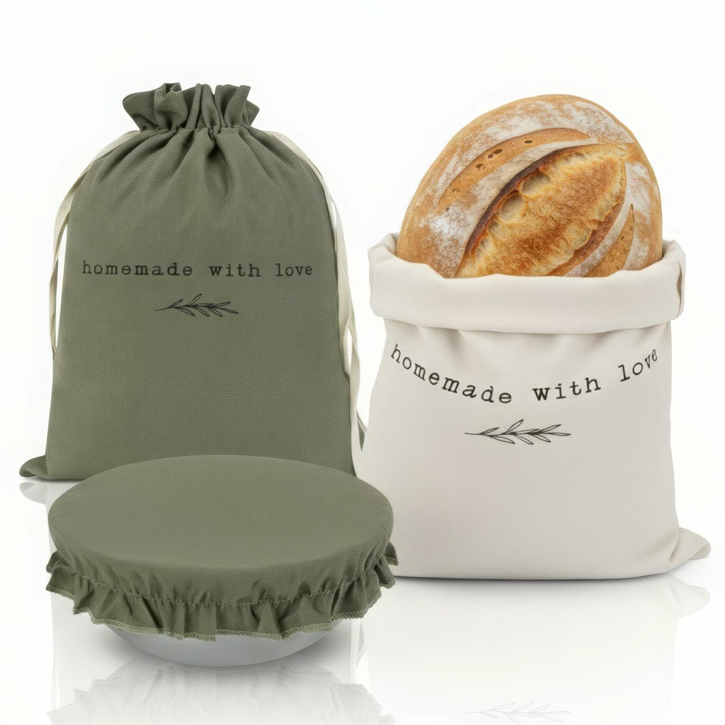 KIBAGA Beautiful Linen Bread Bag Set and Proofing Cover For Homemade Sourdough