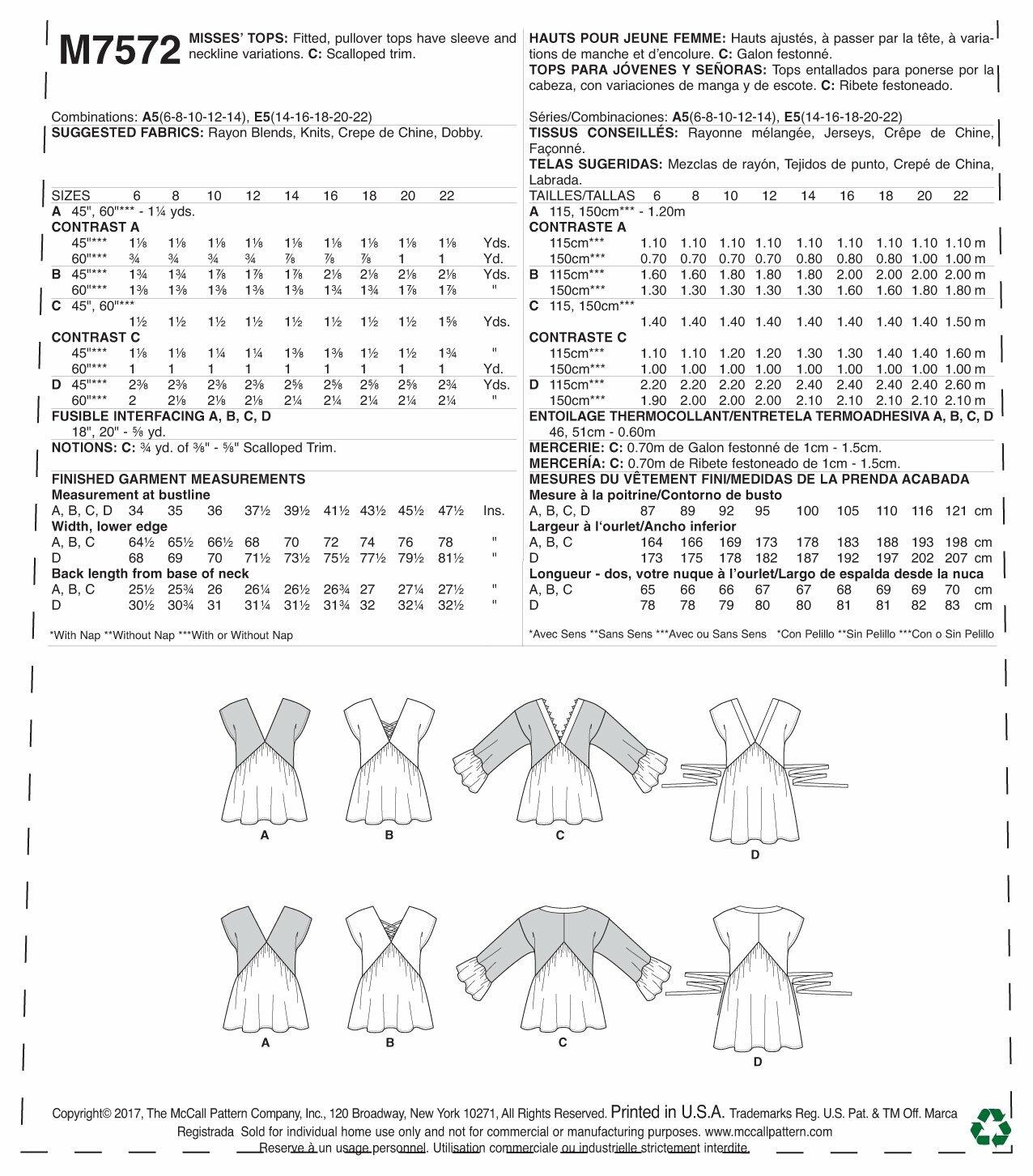 McCall Patterns Misses V-Neck/Gathered Tops with Sleeve and Tie Variations