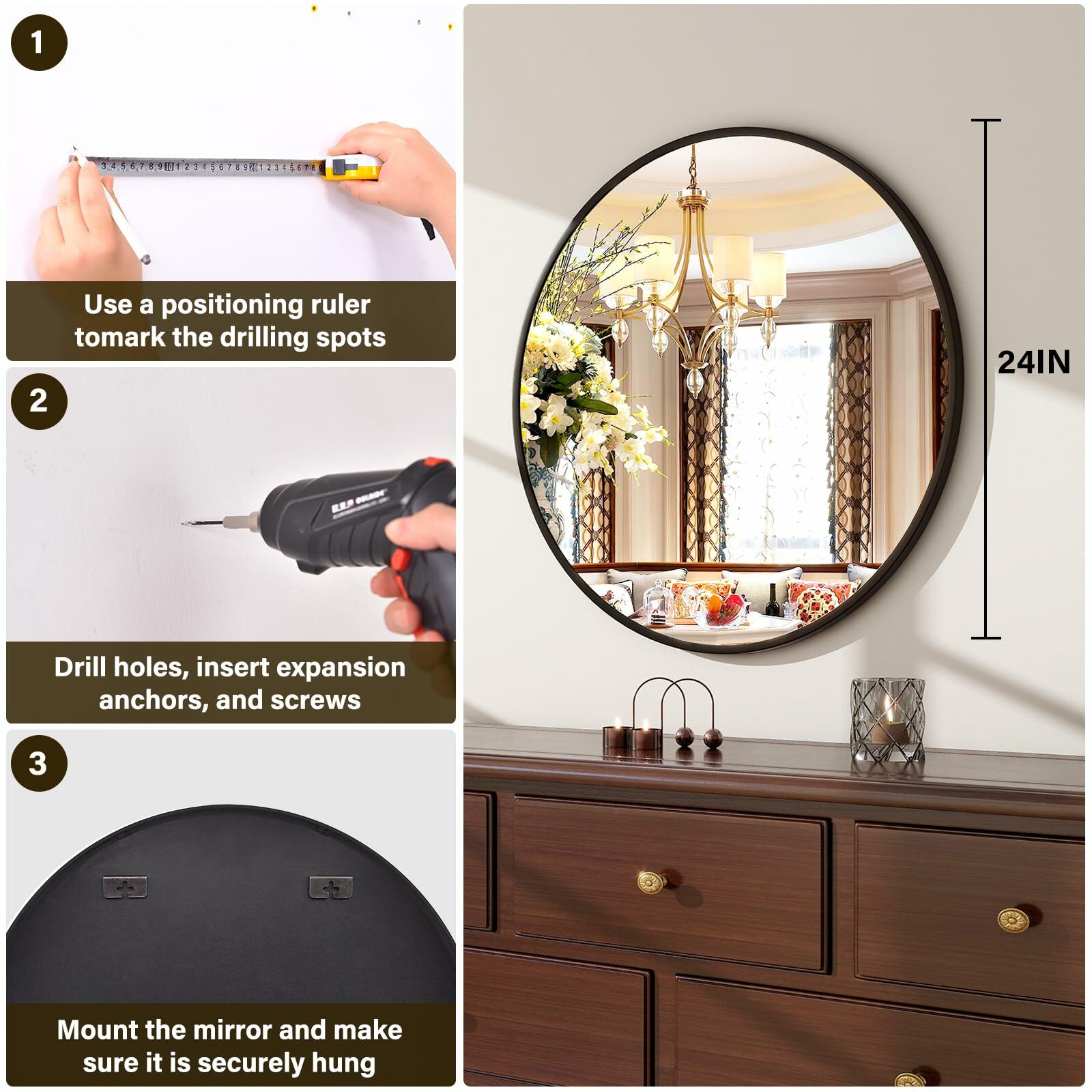 XRAMFY 24 Inch Round Mirror - Circle Mirrors for Bathroom, Entryway and Living