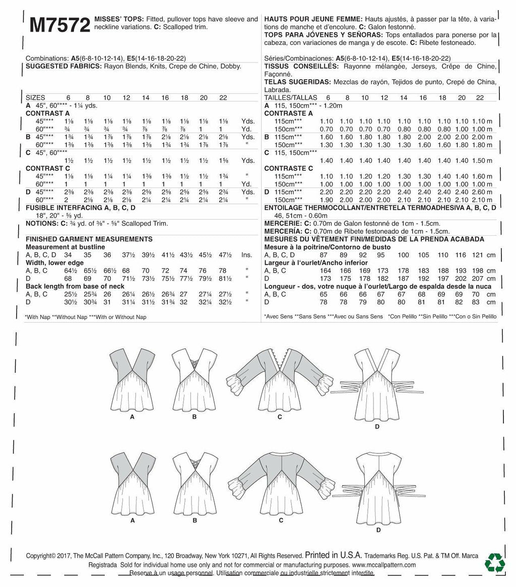 McCall Patterns Misses V-Neck/Gathered Tops with Sleeve and Tie Variations 17.00