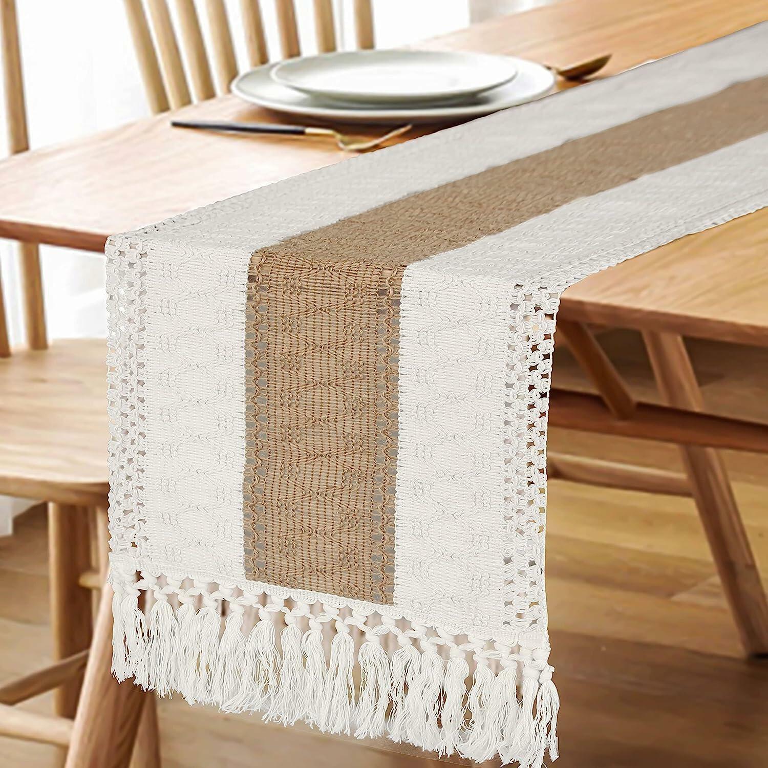 FEXIA Boho Table Runner for Thanksgiving Fall Christmas Home Decor with Tassels