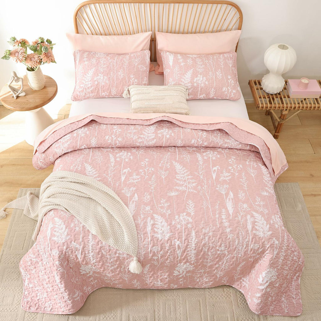 JANZAA Quilts Queen Size Pink Quilt Botanical with Floral Pattern Microfiber