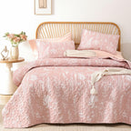 JANZAA Quilts Queen Size Pink Quilt Botanical with Floral Pattern Microfiber