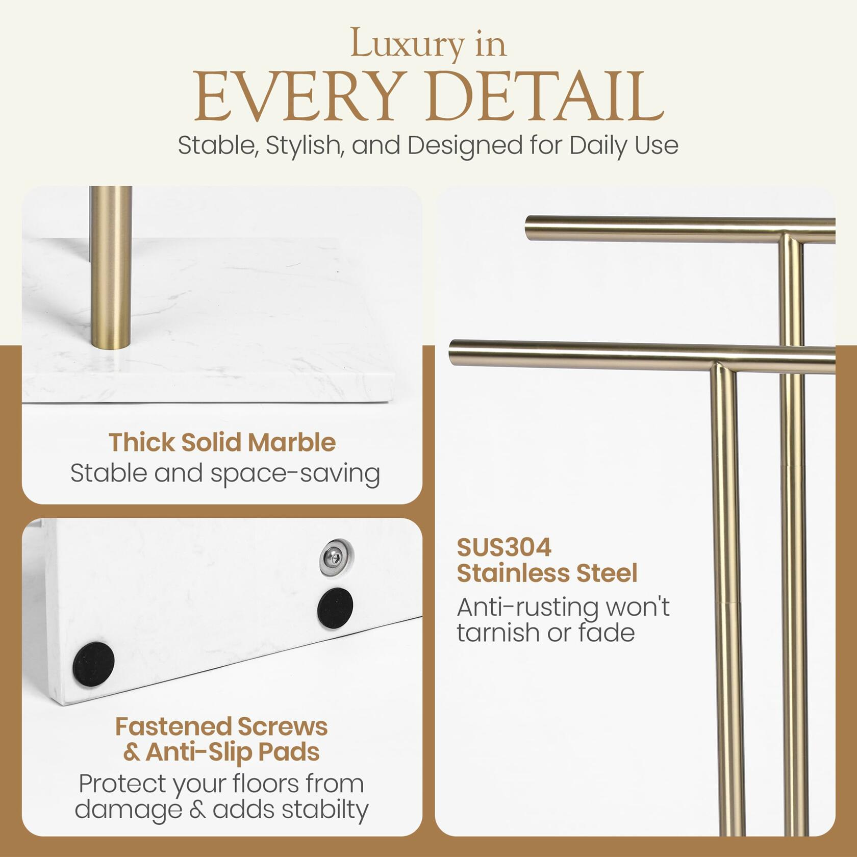 WISATO - Free Standing Towel Rack for Bathroom - Satin Gold Finish - Stand Alone