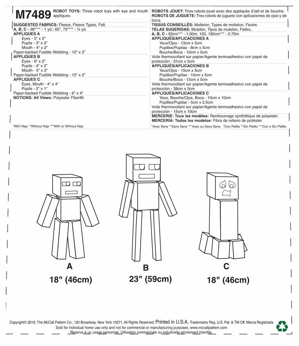 MCCALLS M7489 Plush Robot Toys SEWING PATTERN