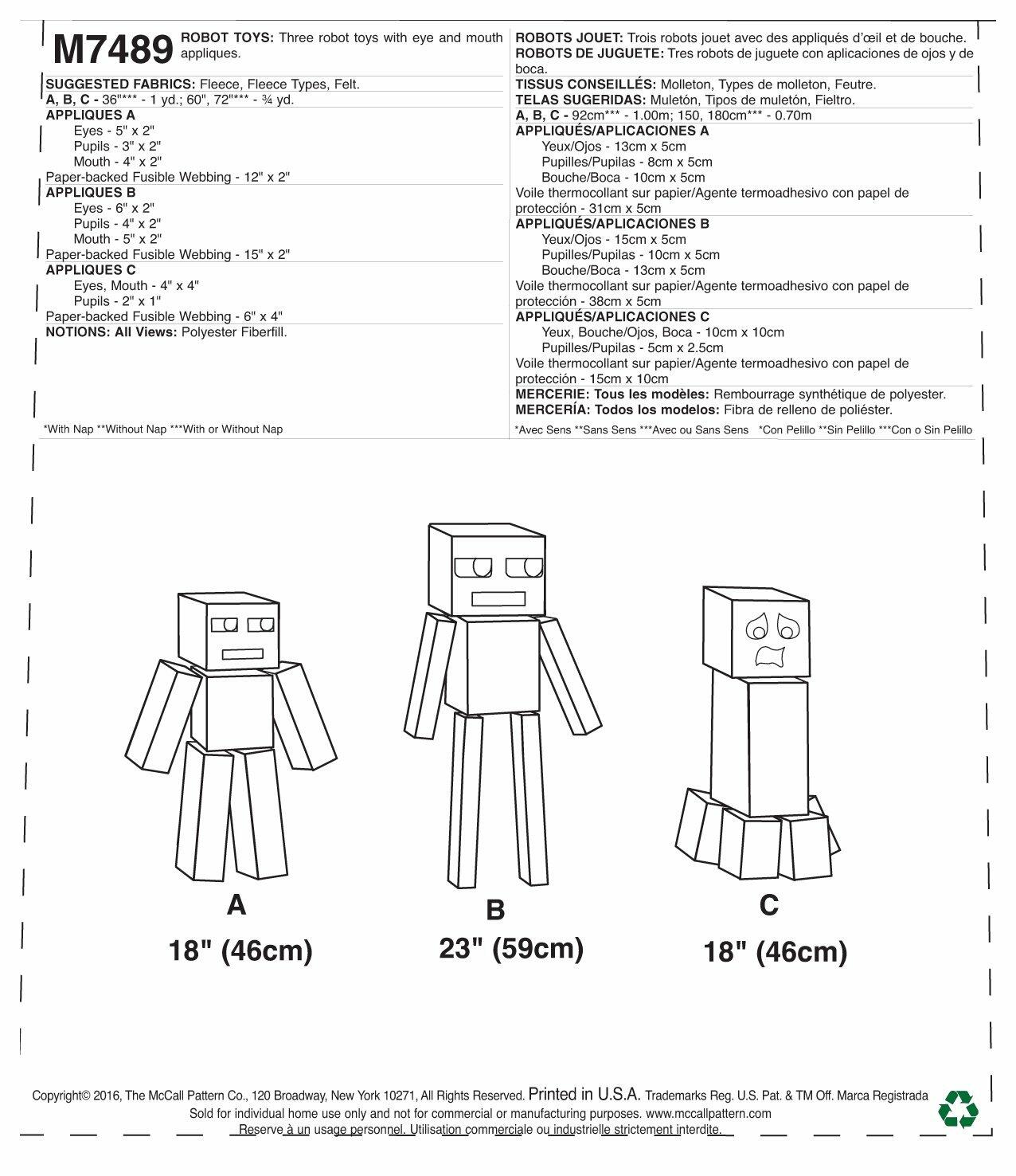 MCCALLS M7489 Plush Robot Toys SEWING PATTERN