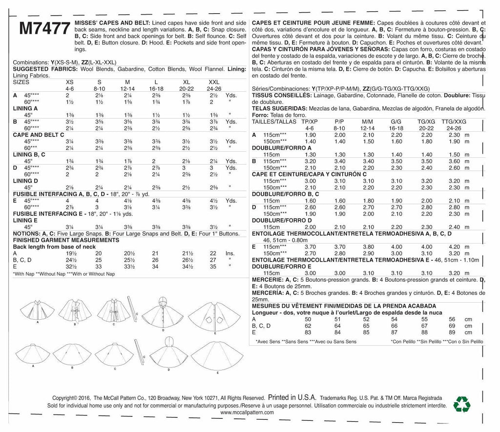 McCall Patterns Misses Hooded/Collared or Collarless Capes