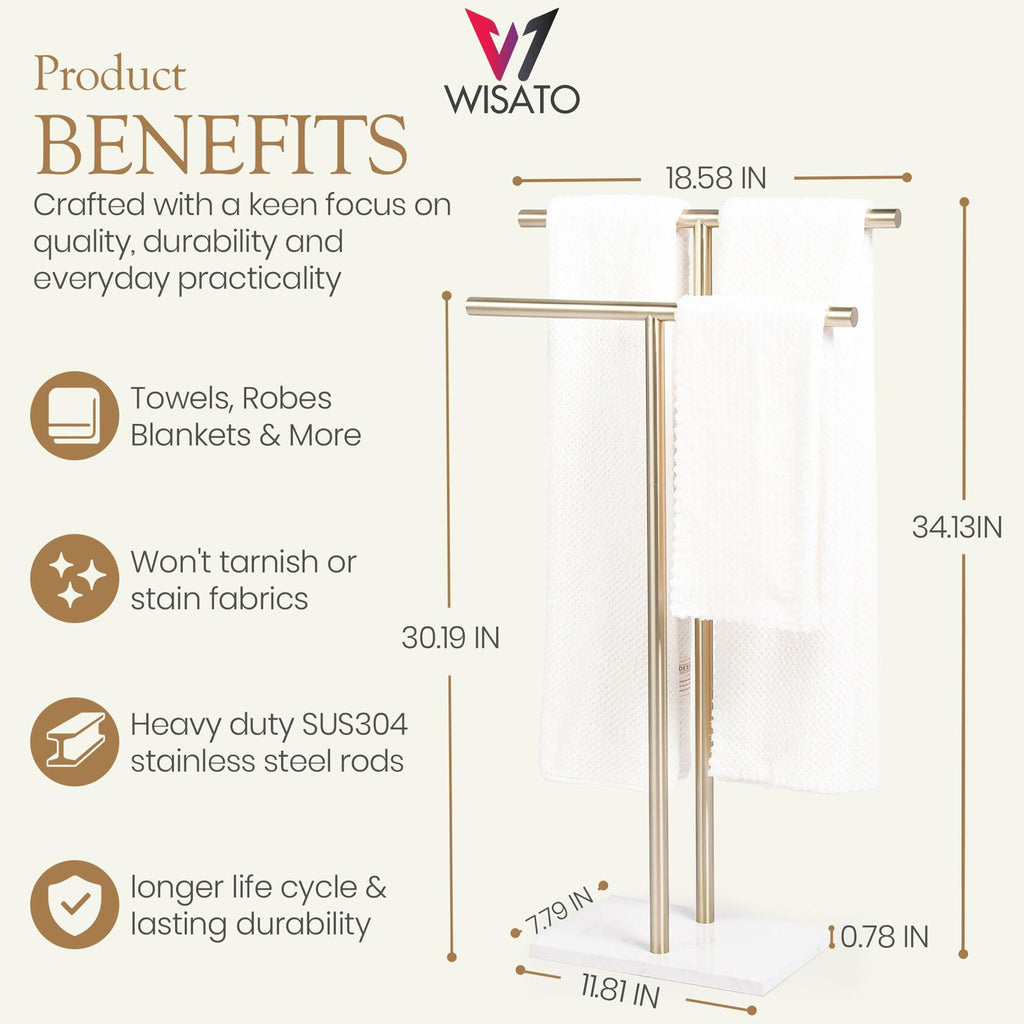 WISATO - Free Standing Towel Rack for Bathroom - Satin Gold Finish - Stand Alone