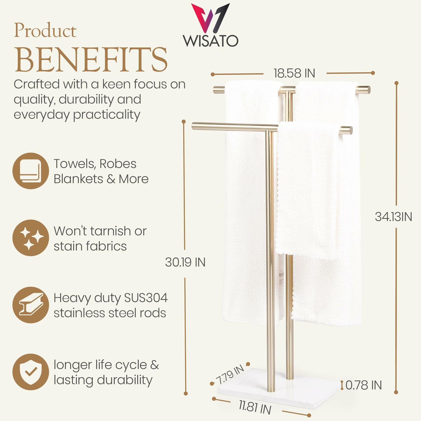 WISATO - Free Standing Towel Rack for Bathroom - Satin Gold Finish - Stand Alone