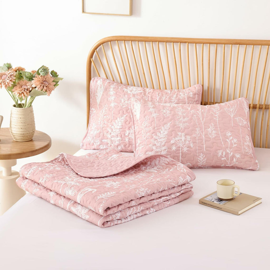 JANZAA Quilts Queen Size Pink Quilt Botanical with Floral Pattern Microfiber