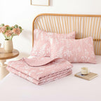 JANZAA Quilts Queen Size Pink Quilt Botanical with Floral Pattern Microfiber