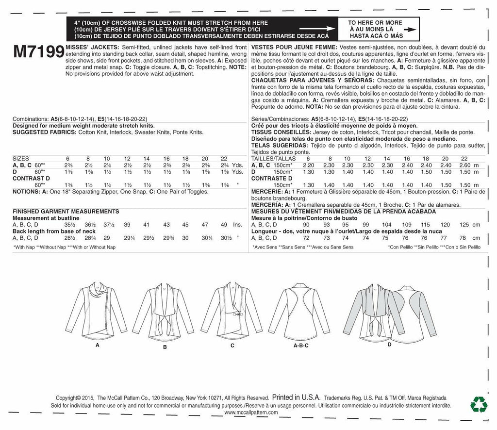 McCall's Patterns M7199 Misses' Jackets Sewing Template, E5 (14-16-18-20-22)