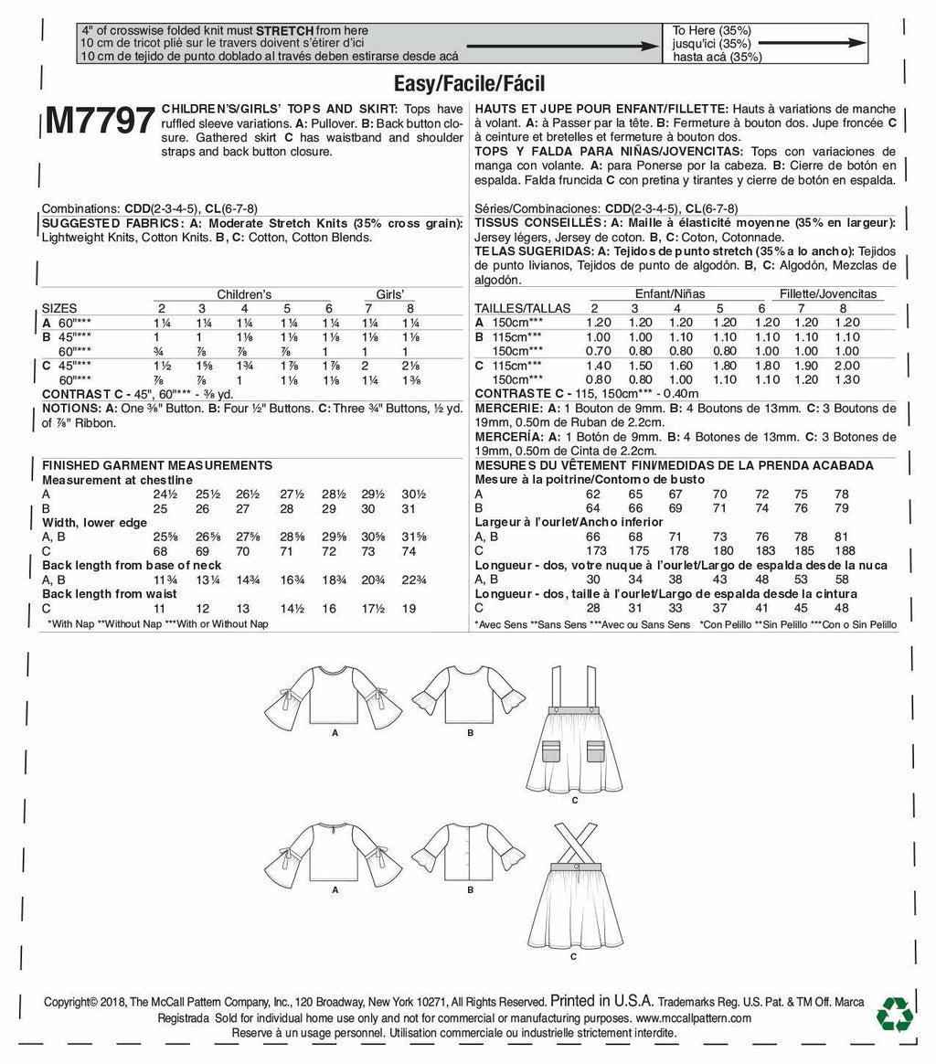 McCall Pattern Company McCall's M7797 Girl's Skirt and Long Sleeve Shirt Sewing