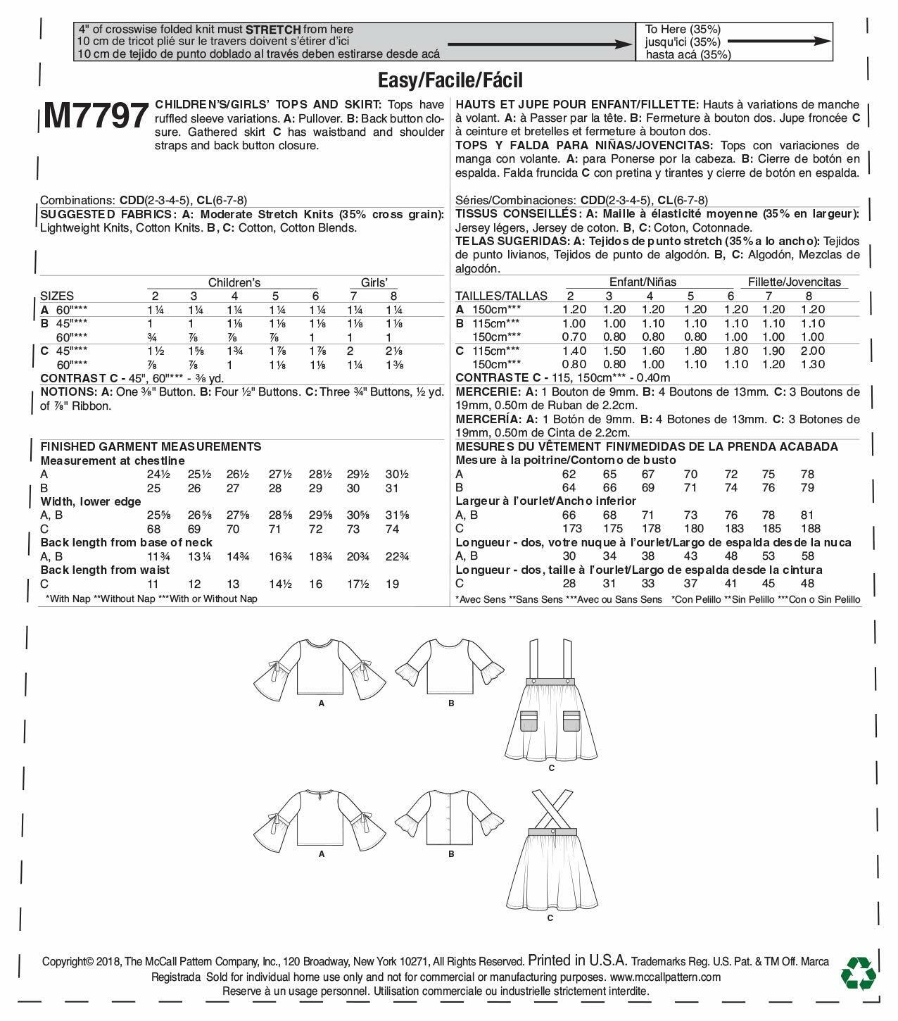 McCall Pattern Company McCall's M7797 Girl's Skirt and Long Sleeve Shirt Sewing