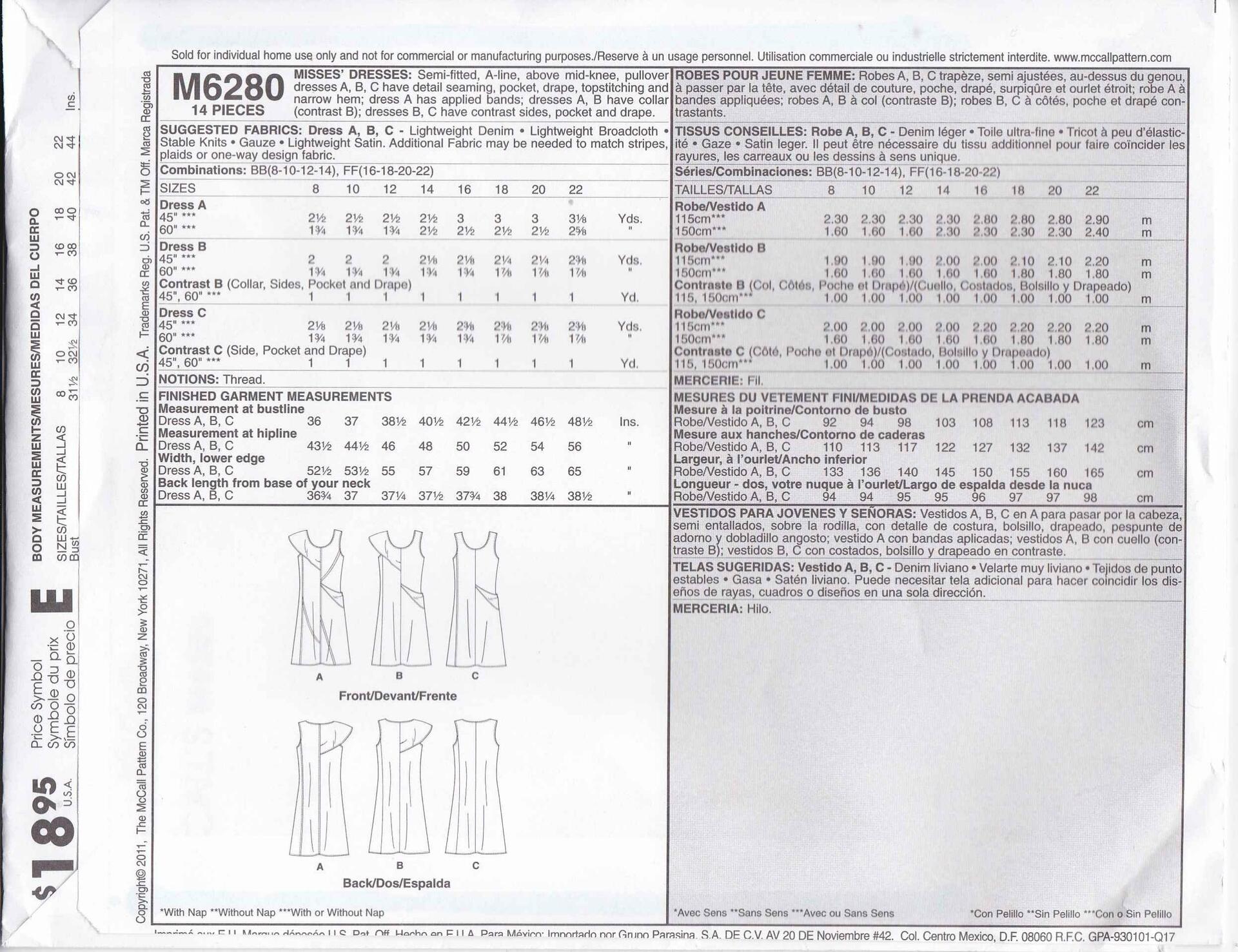 McCall's Patterns M6280 Misses' Dresses, Size FF (16-18-20-22)