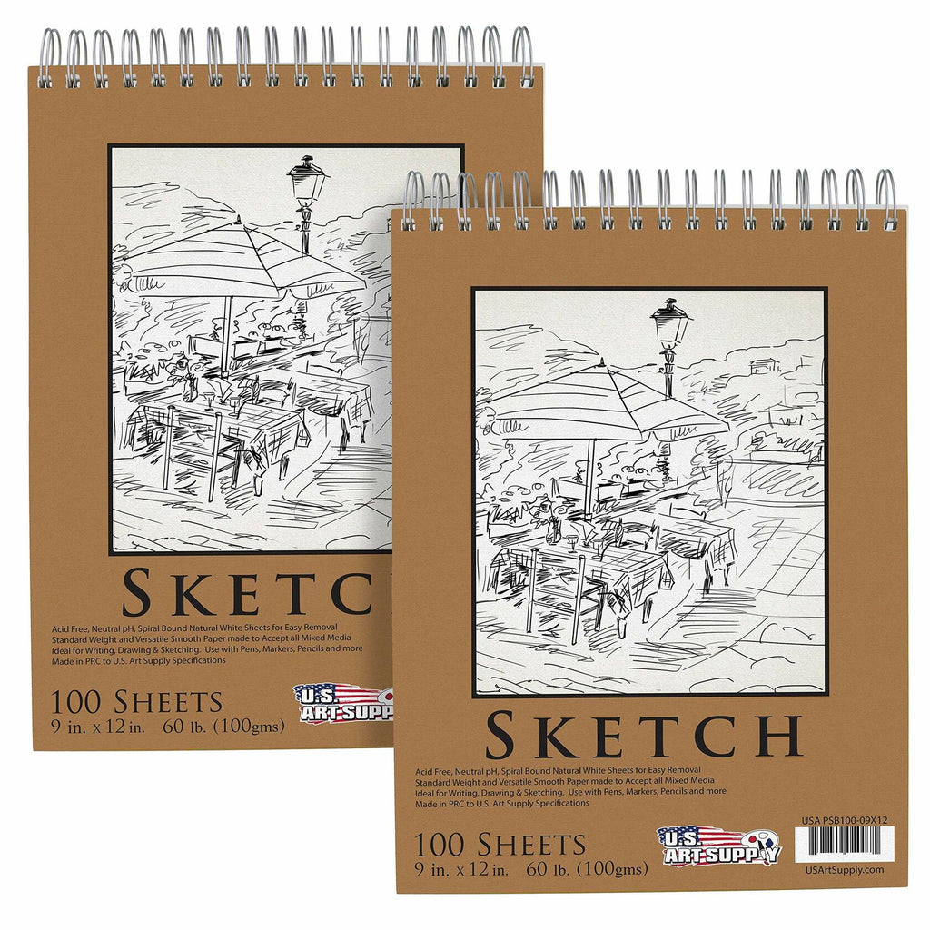 2 Pack U.S. Art Supply 9"x12" Top Spiral Bound Sketch Book, 100 Sheets Each,