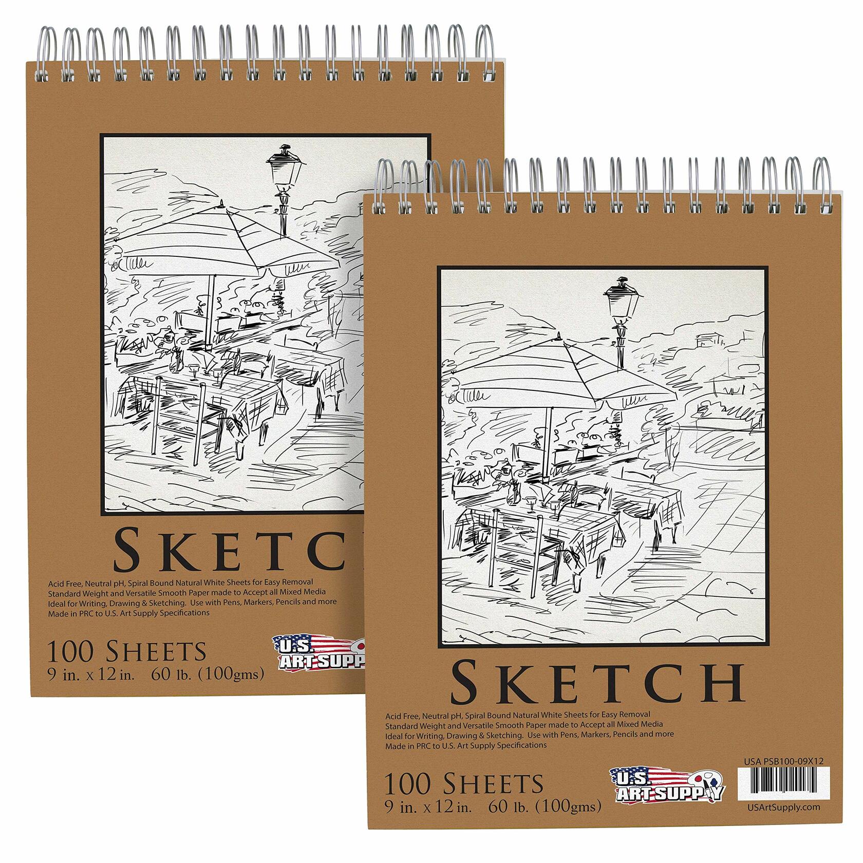 2 Pack U.S. Art Supply 9"x12" Top Spiral Bound Sketch Book, 100 Sheets Each,